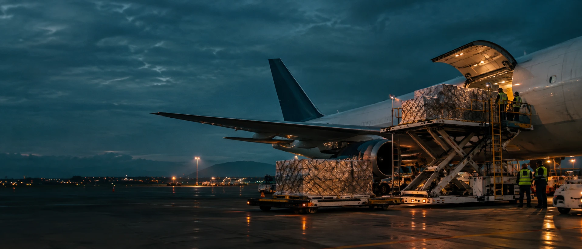 Air freight being loaded at night